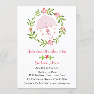 Pink Umbrella and Floral Wreath Shower Invitation