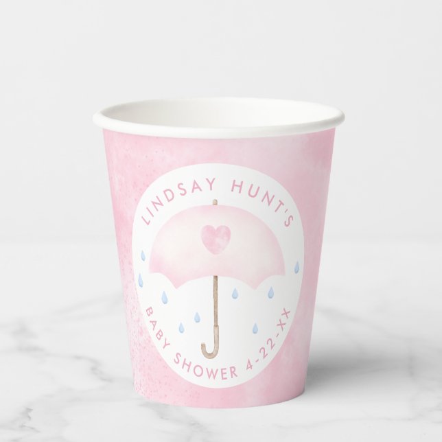 Pink Umbrella Baby Shower  Paper Cups (Front)