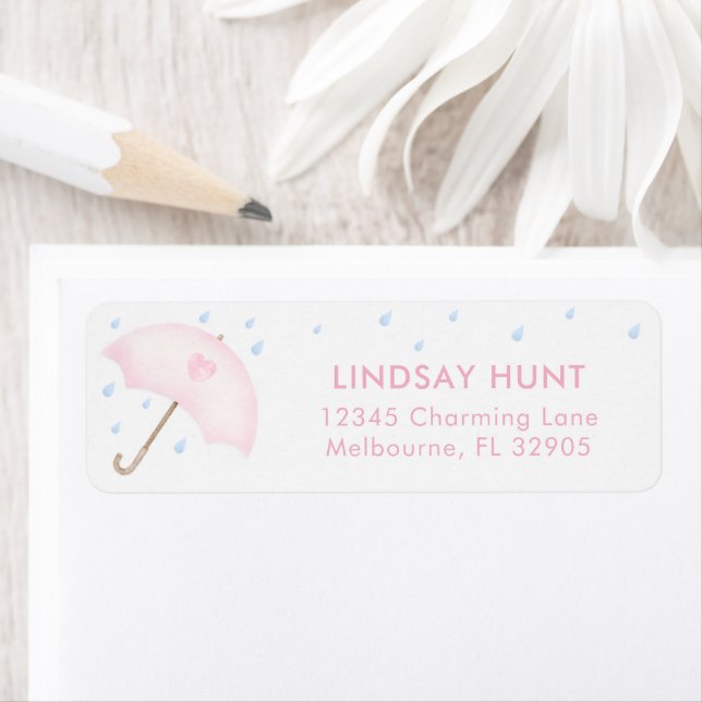 Pink Umbrella Baby Shower Return Address Label (Insitu)
