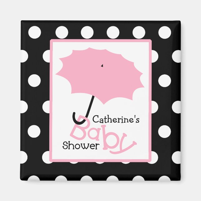 Pink Umbrella Baby Shower - White Polka Dots Magnet (Front)