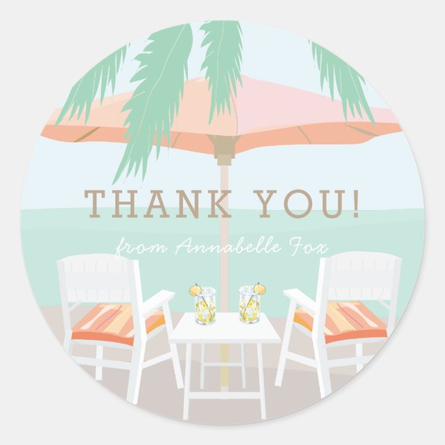 Pink Umbrella Beach Chairs Thank You Sticker (Front)