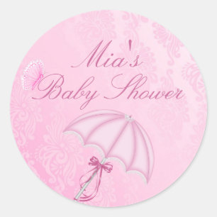 Pink Umbrella Design Baby Shower Sticker
