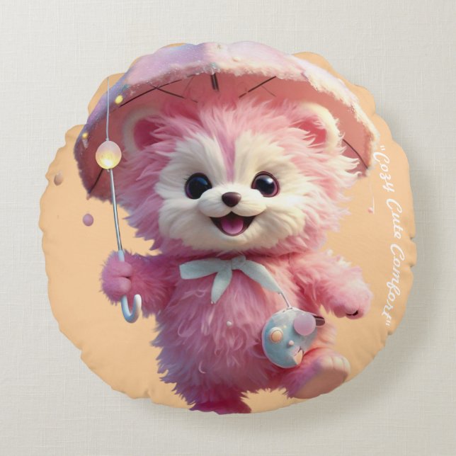 "Pink Umbrella Dreams" Round Cushion (Front)