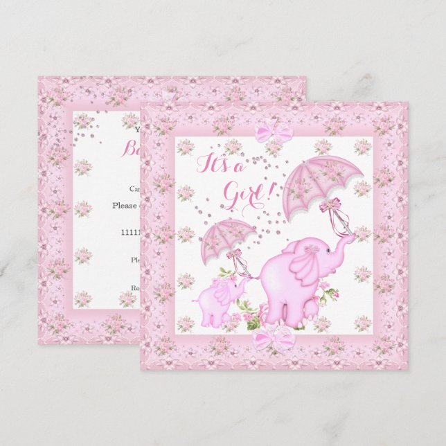 Pink Umbrella Elephant Calf Baby Shower Girl 2 Invitation (Front/Back)