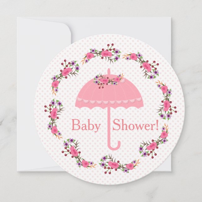 Pink Umbrella Flowers and Dots, Girl Baby Shower Invitation (Front)