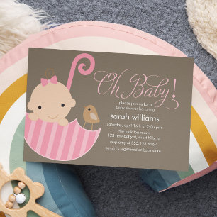 Pink Umbrella Girl Baby Shower Invitation