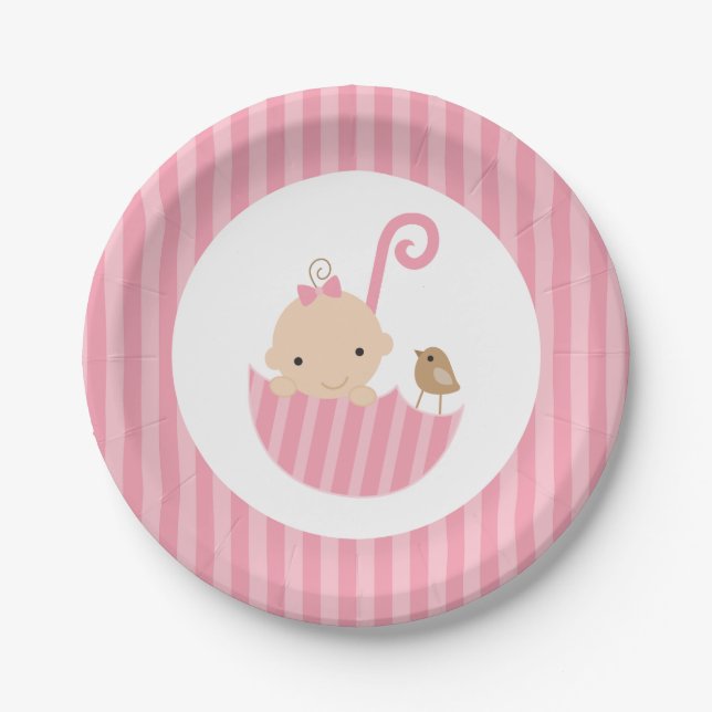 Pink Umbrella Girl Baby Shower Paper Plate (Front)