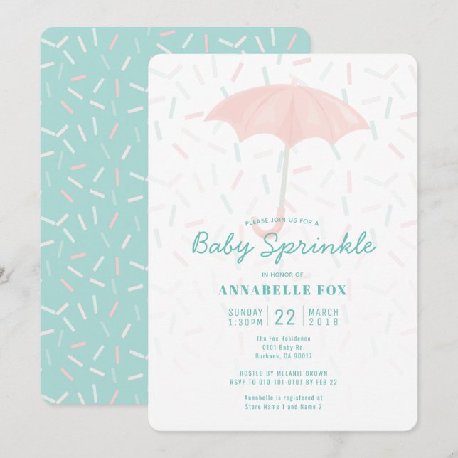 Pink Umbrella Mint Baby Sprinkle Shower Invitation (Front/Back)