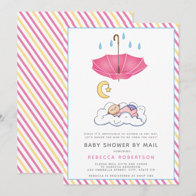 Pink umbrella, sleeping baby girl shower by mail invitation (Front/Back)