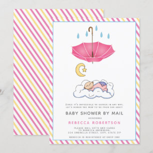 Pink umbrella, sleeping baby girl shower by mail invitation