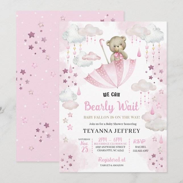 Pink Umbrella Teddy Bear Baby Sprinkle Baby Shower Invitation (Front/Back)