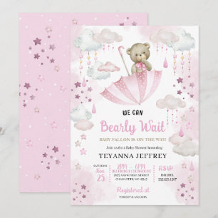 Pink Umbrella Teddy Bear Baby Sprinkle Baby Shower Invitation