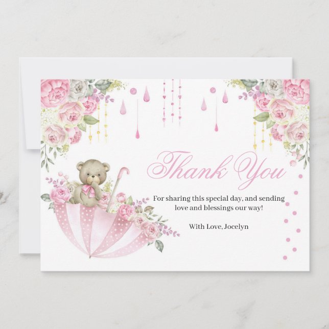 Pink Umbrella Teddy Bear Baby Sprinkle Thank You C Card (Front)