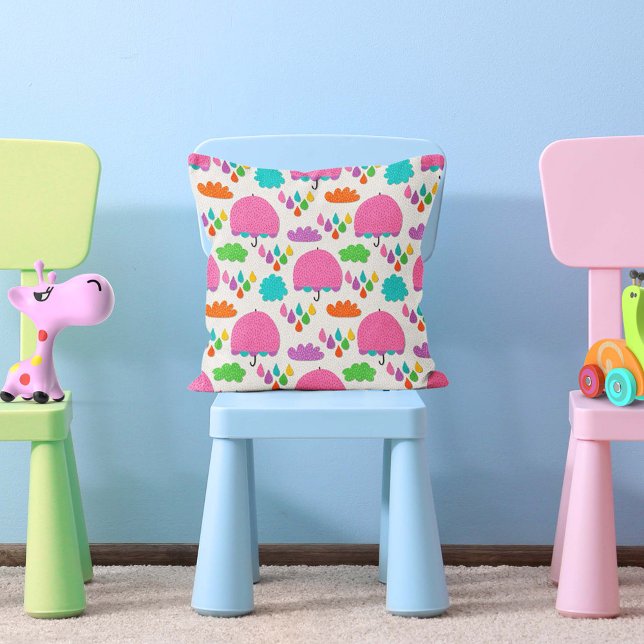 Pink Umbrellas with Clouds and Raindrops Cushion (Creator Uploaded)