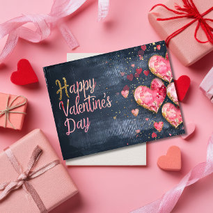 Pink und golden hearts on dark ground Valentine's Postcard