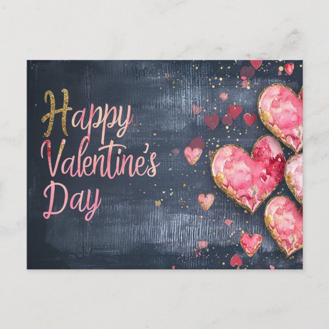 Pink und golden hearts on dark ground Valentine's Postcard (Front)