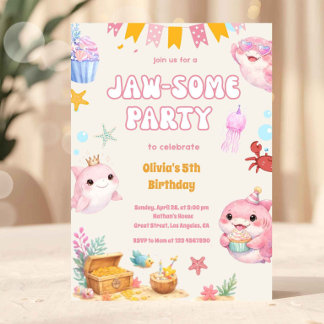 Pink Under the Sea Cute Shark Birthday Girl Invitation