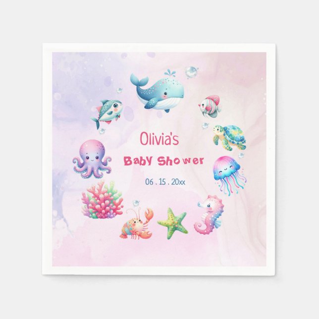 Pink Under The Sea Girl Baby Shower Napkin (Front)