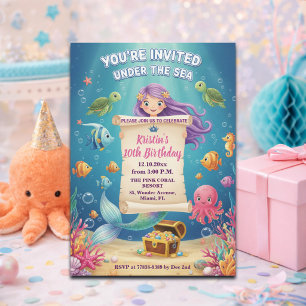 Pink Under the Sea Mermaid 10th Birthday Party Invitation