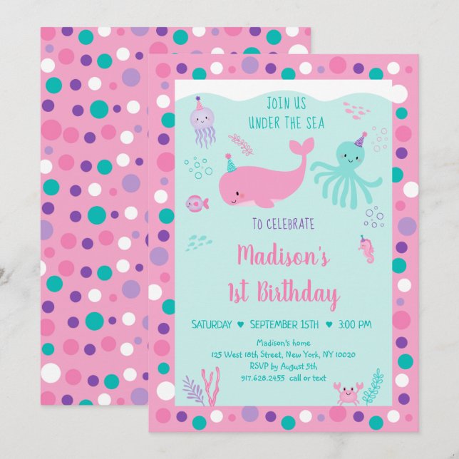 Pink Under The Sea Nautical Whale Birthday Invitation (Front/Back)