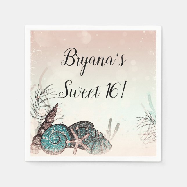 Pink Under the Sea Shells Beach Sweet 16 Party Napkin (Front)
