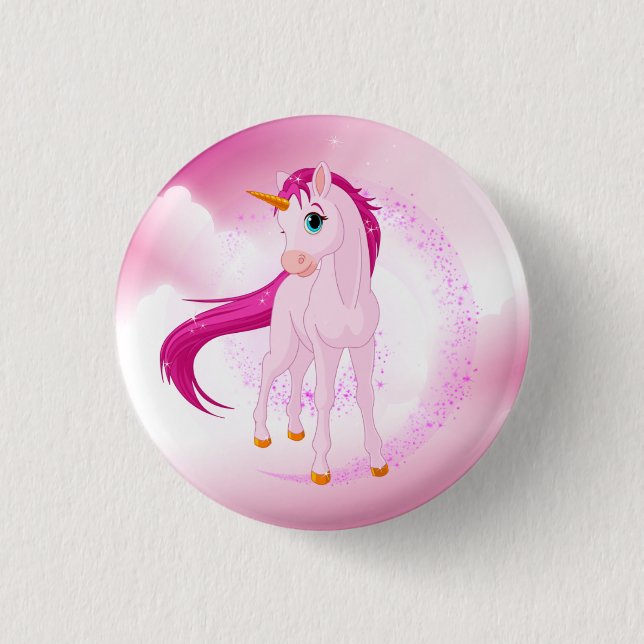 Pink unicorn 3 cm round badge (Front)