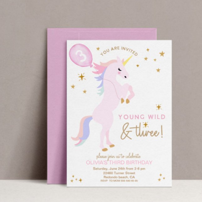 Pink Unicorn 3rd birthday Young Wild and THREE Invitation (Creator Uploaded)
