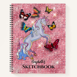 Pink Unicorn and Butterflies Glitter Sketchbook Notebook