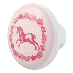 Pink unicorn and flowers ceramic knob