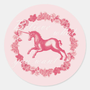 Pink unicorn and flowers classic round sticker