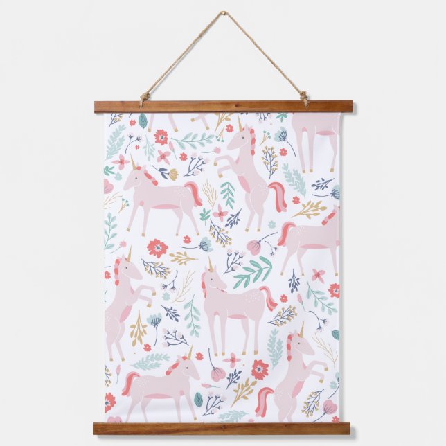 Pink Unicorn and Flowers Hanging Tapestry (Front)