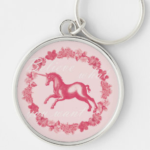 Pink unicorn and flowers key ring