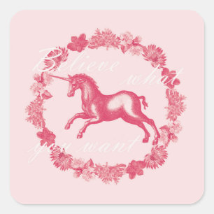 Pink unicorn and flowers square sticker