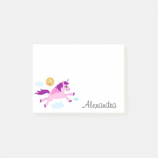 Pink unicorn and happy sun personalised name post-it notes (Front)