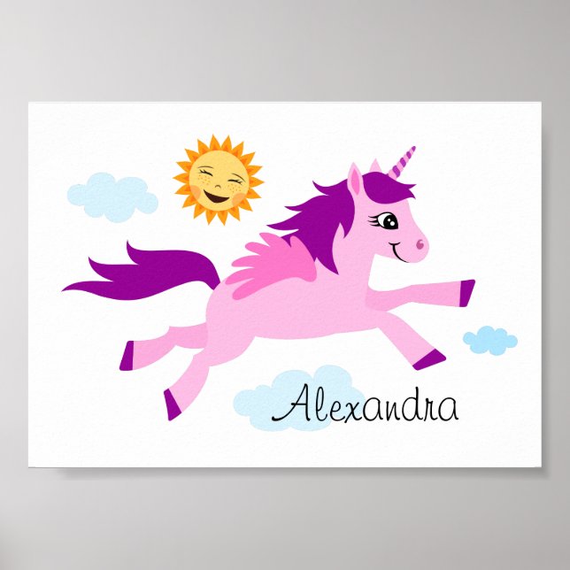 Pink unicorn and happy sun, wall art for children (Front)