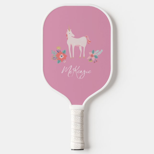Pink Unicorn and Personalised Name Pickleball Paddle (Front)