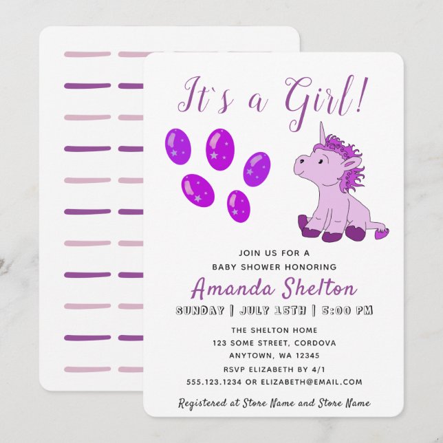 Pink Unicorn Baby Girl Shower Invitation Card (Front/Back)