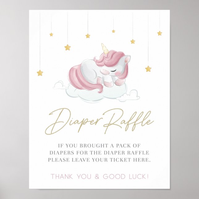 Pink Unicorn Baby Shower Diaper Raffle Sign (Front)