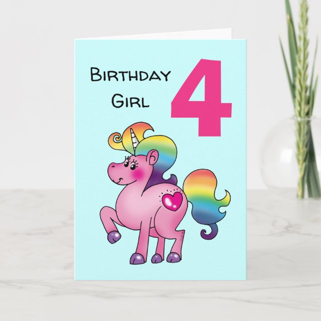 pink unicorn birthday girl (age 4, customisable) card (Front)