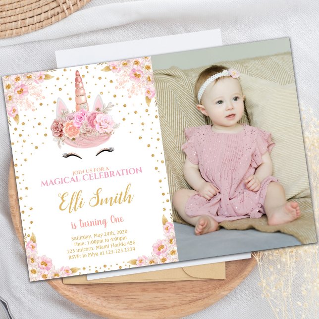 Pink Unicorn Birthday Invitation with Photo (Unicorn Pink Birthday Invitations with photo)