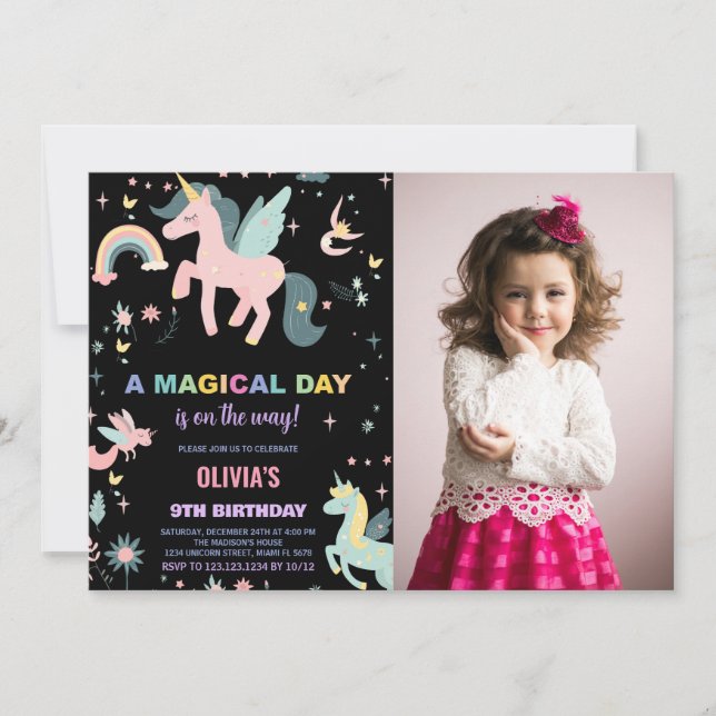 Pink Unicorn Birthday Invitations with photo (Front)
