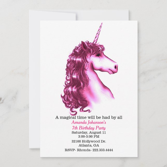 Pink Unicorn Birthday Party Invitation (Front)