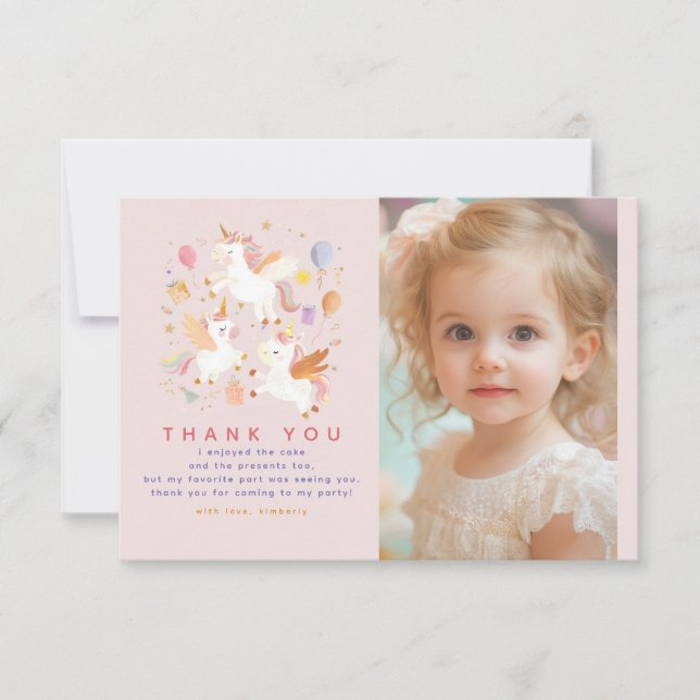 Pink Unicorn Birthday Party Photo Thank You Card (Front)