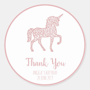 Pink Unicorn birthday party Thank You Own text Classic Round Sticker