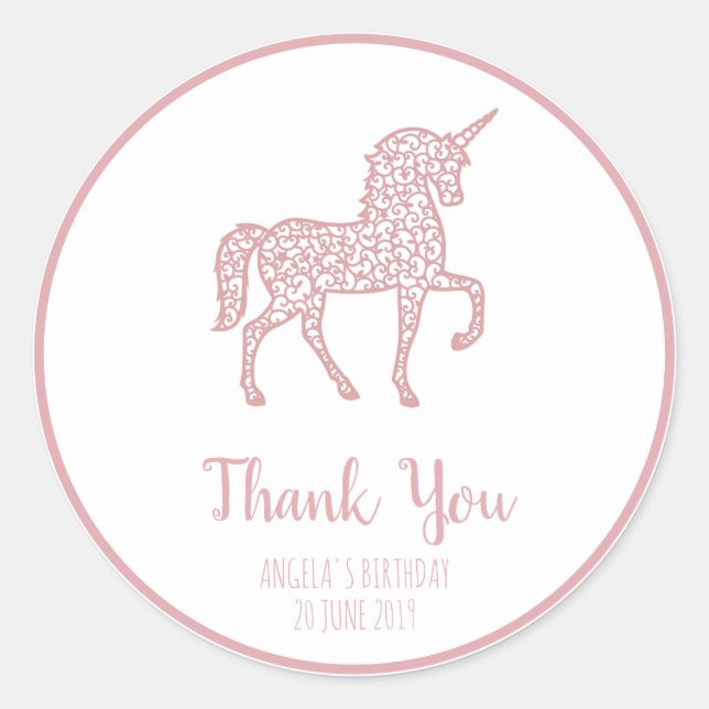 Pink Unicorn birthday party Thank You Own text Classic Round Sticker (Front)