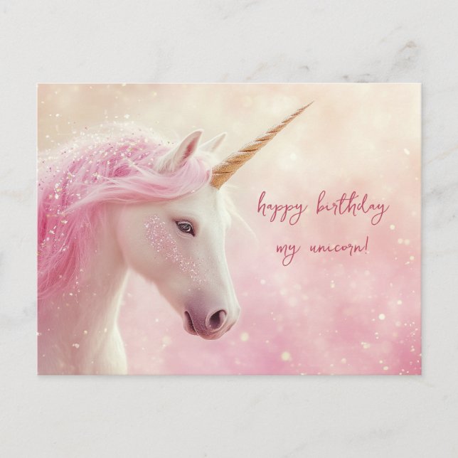 Pink Unicorn Birthday Postcard (Front)