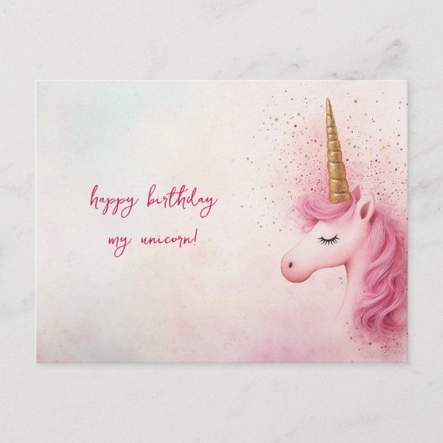 Pink Unicorn Birthday Postcard (Front)