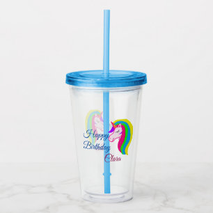 Pink unicorn colourful happy birthday add name tex acrylic tumbler