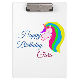 Pink unicorn colourful happy birthday add name tex clipboard