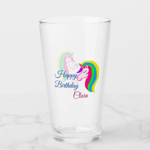 Pink unicorn colourful happy birthday add name tex glass